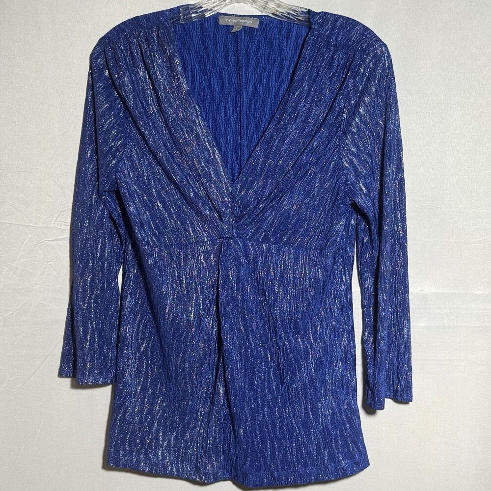 NY Collection Top L Blue Metallic Sparkle Shimmer V Neck 3/4 Sleeve Party